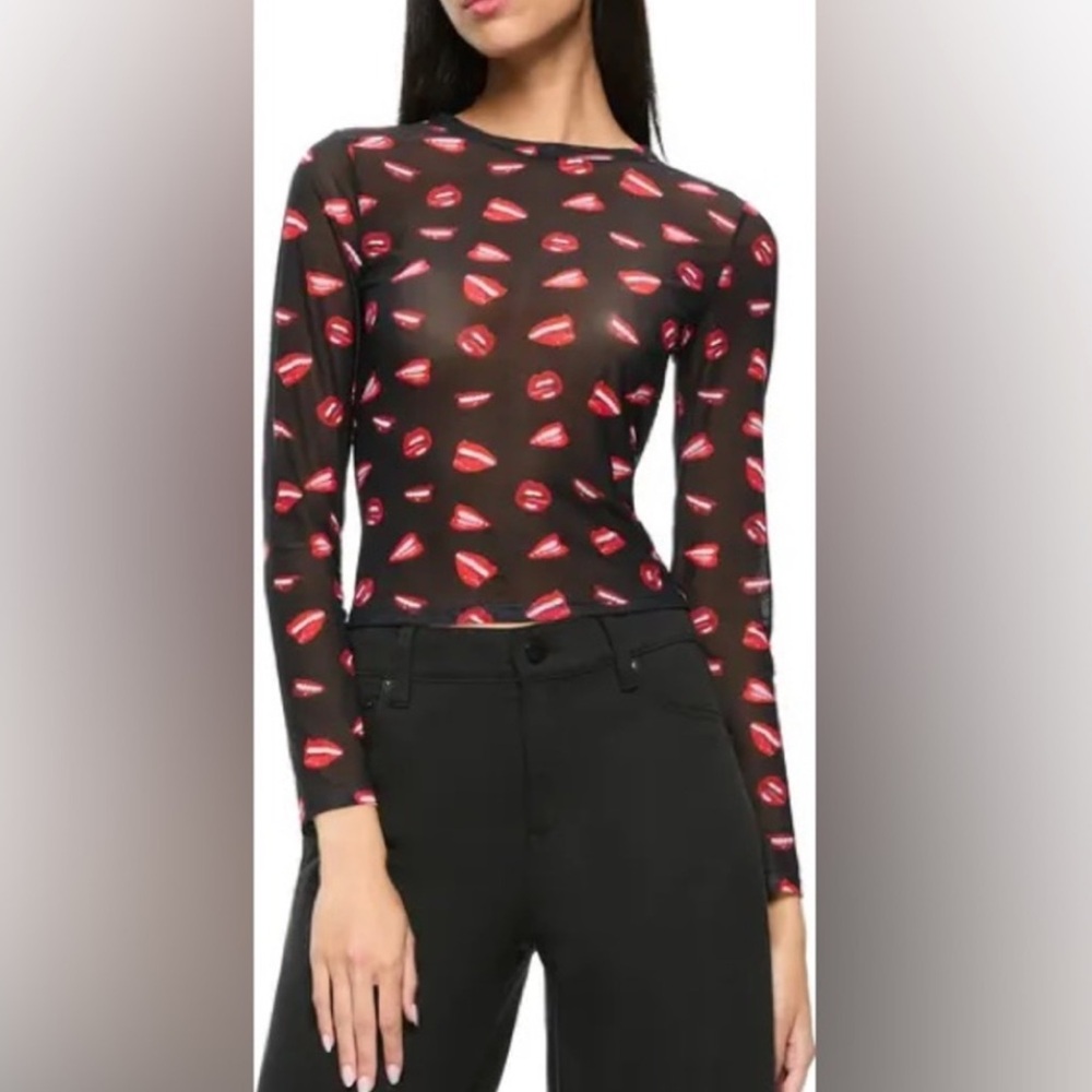 NWT Alice + Olivia Delania Black Sheer Long-Sleeve Top with Red Lip Print S